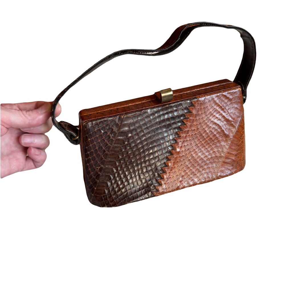 Vintage Snakeskin Box Purse André St Louis Two Tone Leather 50s 60s Strap Split